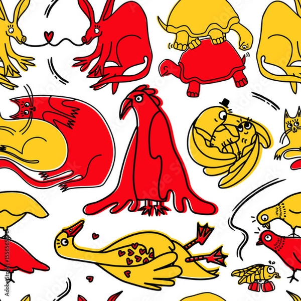 Obraz Funny Animal Love Pattern – Turtles, Ant Eaters, Cute Cats & Flies in Red and Yellow Line Art 