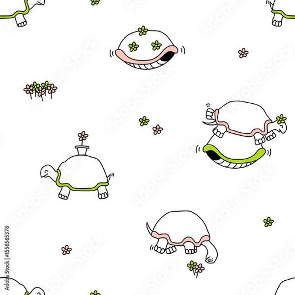 Obraz Happy Turtles Seamless Pattern – Cute Cartoon Tortoises & Flowers in Pink and Green