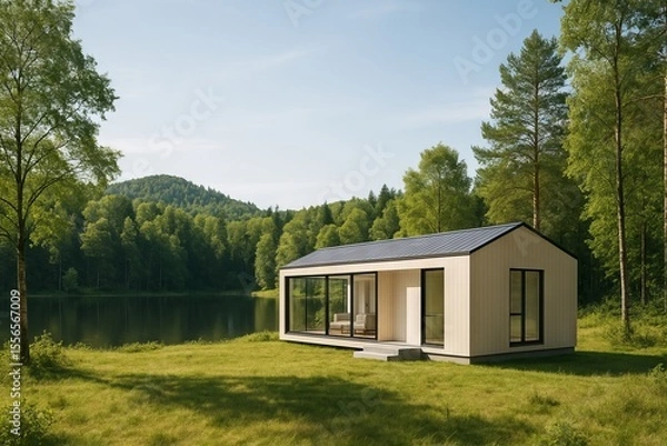 Fototapeta Modern modular home with large panoramic windows in green forest by mountain lake. Concept of sustainable living, eco architecture, prefabricated house, off grid lifestyle, nature retreat