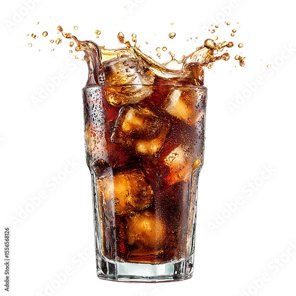 Obraz Refreshing Cola Drink with Ice Cubes and Splash on transparent Background