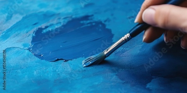 Obraz A Closeup View of a Brush Expertly Applying Vibrant Blue Paint onto a Canvas Surface