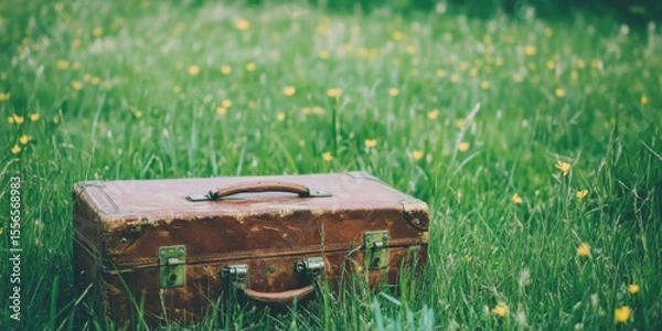 Obraz A Vintage Suitcase Positioned on Lush Green Grass in the Heart of Natures Beauty