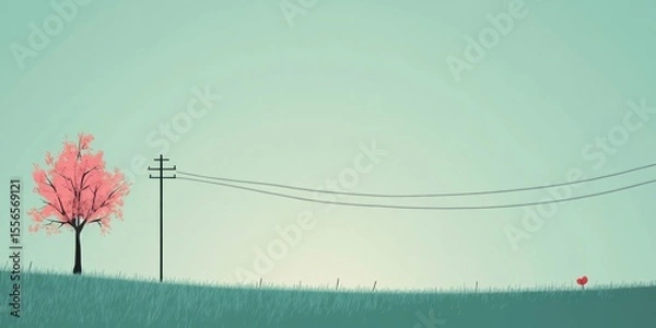 Obraz A serene and beautiful landscape featuring cherry blossoms alongside telephone poles
