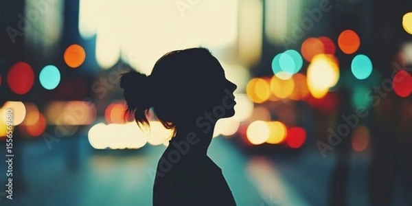 Obraz A Silhouette of a Woman Standing Gracefully Against a Blurry Urban Background Scene