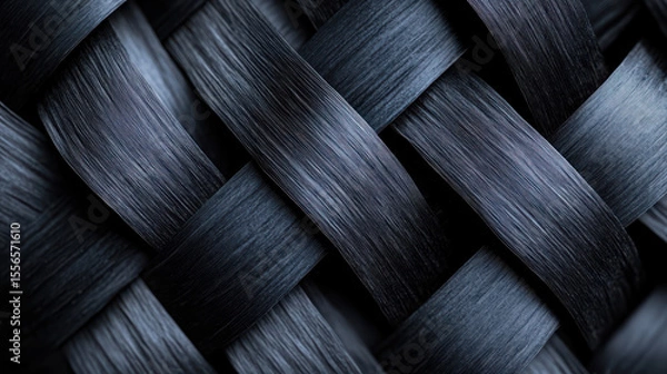 Fototapeta Close up of woven black synthetic fibers showing detailed texture and pattern, emphasizing intricate craftsmanship and smooth surface, evoking sense of strength and durability