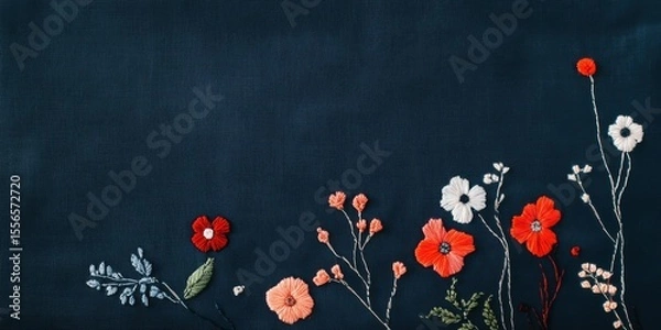 Obraz Beautiful and Colorful Floral Embroidery Set Against a Dark Background for a Stunning Effect