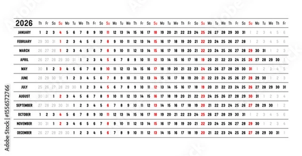 Obraz Year 2026 wall calendar with aligned dates, in English. One page timeline, linear and horizontal