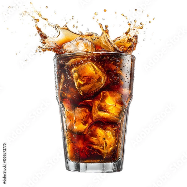 Obraz Refreshing Cola Drink with Ice Cubes Splashing on transparent Background