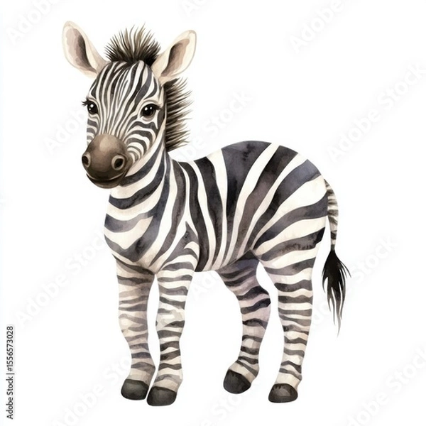 Fototapeta Watercolor painting of a cute baby zebra standing in a full shot on a plain background