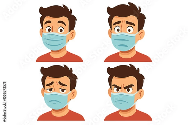 Fototapeta Collection of male character facial expressions wearing a protective face mask. Cartoon vector illustration set of a man feeling angry, sad, worried, and surprised. Pandemic concept.
