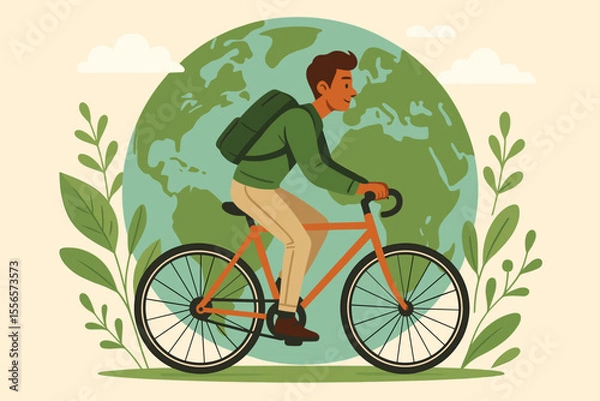 Fototapeta Young man riding bicycle for eco friendly commuting with Earth globe background. Sustainable transport, green lifestyle concept. World Environment Day cartoon vector illustration for ecology.