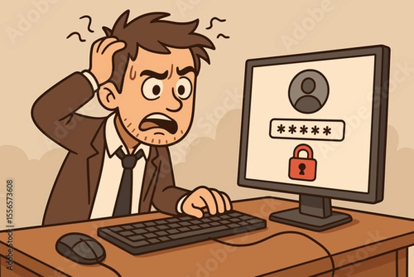 Fototapeta Frustrated businessman struggles with a forgotten password. Cartoon vector illustration of a man with a login error and access denied on the computer screen. Cybersecurity and authentication concept.
