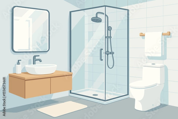 Fototapeta Modern minimalist bathroom interior vector. Bright clean design with glass shower, wall mirror, floating vanity, toilet, towel rack, ceramic sink, tiled walls, contemporary home decor illustration