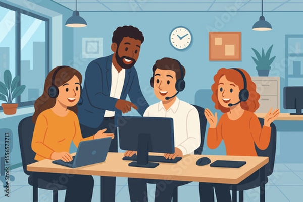 Fototapeta Diverse customer service team collaborating in modern open office, teamwork, communication, support staff with headsets, manager coaching employees, technology workspace, vector illustration