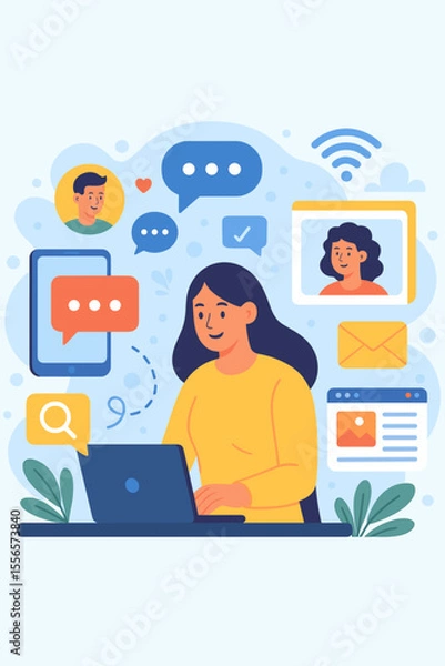 Fototapeta Modern flat vector illustration of online communication, social networking, chat, video calls, instant messaging, email, web search, news, mobile devices, digital collaboration, internet connectivity