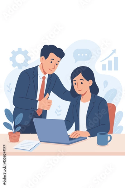 Fototapeta Business mentor supports employee. Manager gives thumbs up for good job. Teamwork, success, and positive feedback in corporate office. Leadership and guidance. Flat vector concept.