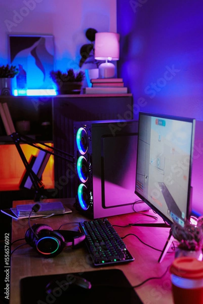 Obraz Gaming setup featuring desktop computer with RGB lighting, monitor displaying first shooter game, gaming keyboard, headphones, microphone, illuminated background, no people visible