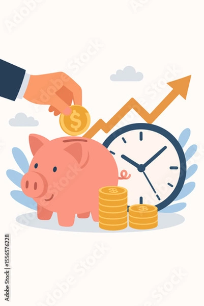 Fototapeta Time is money concept with a piggy bank and clock. Financial investment, money saving for future income growth. Business management and long term savings strategy vector illustration.