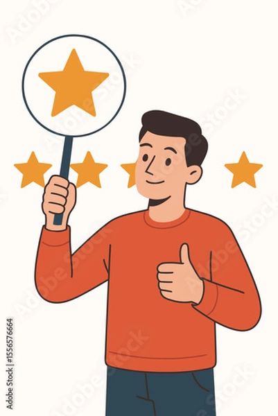 Fototapeta Positive feedback and customer review concept. Happy man holds a star sign showing five stars rating and a thumbs up gesture for excellent service. Best quality. Flat vector design.
