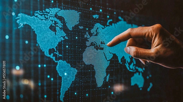 Fototapeta A male hand highlights a location on a glowing digital world blue map, conveying global concepts. The finger pointing at the Europe continent, symbolizing global connectivity and data visualization.