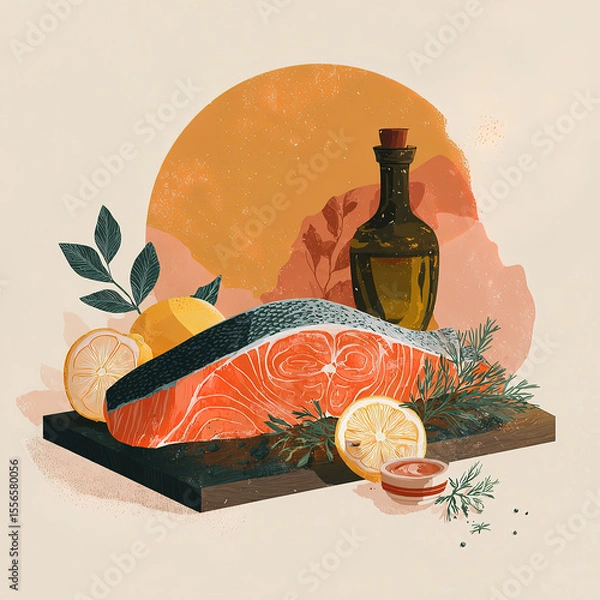 Fototapeta "Gourmet Flat Design Seafood Illustration – Artistic Fish Composition with Citrus, Herbs & Olive Bottles in Modern Botanical Style"

