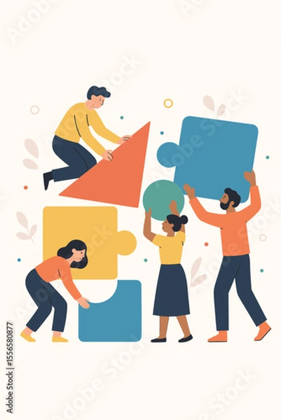 Fototapeta Diverse team collaboration concept. People assembling abstract geometric puzzle pieces. Teamwork, cooperation, partnership, problem solving, creative group project. Modern flat vector illustration