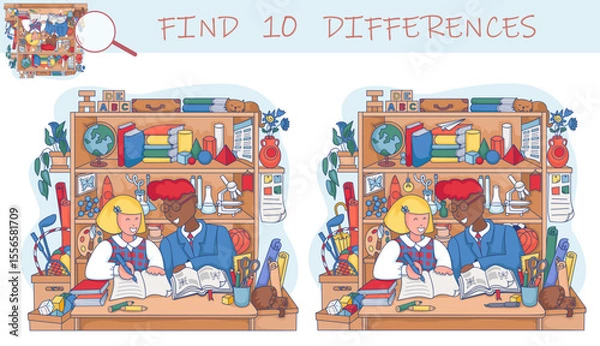 Fototapeta Student in the classroom. Find the differences in the picture. Girl and boy are sitting on a school bench and studying. Lesson. Funny cartoon character. Sketch vector illustration