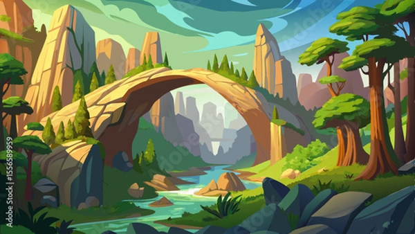 Fototapeta Striking sandstone rock formations rise through dense green forests. An arched stone bridge links them, creating a fairytale-like landscape.