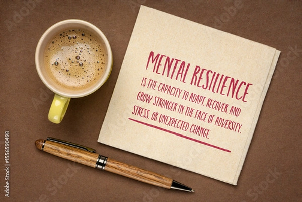 Obraz Mental resilience is the capacity to adapt, recover, and grow stronger in the face of adversity, stress, or unexpected change. Note on a napkin.