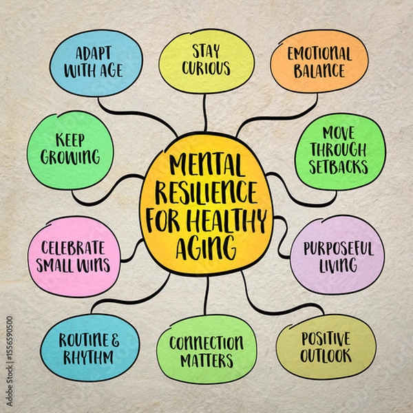 Obraz Mental resilience for active and healthy aging - capacity to adapt, recover, and grow stronger in the face of adversity, stress, or unexpected change. Infographics mind map.