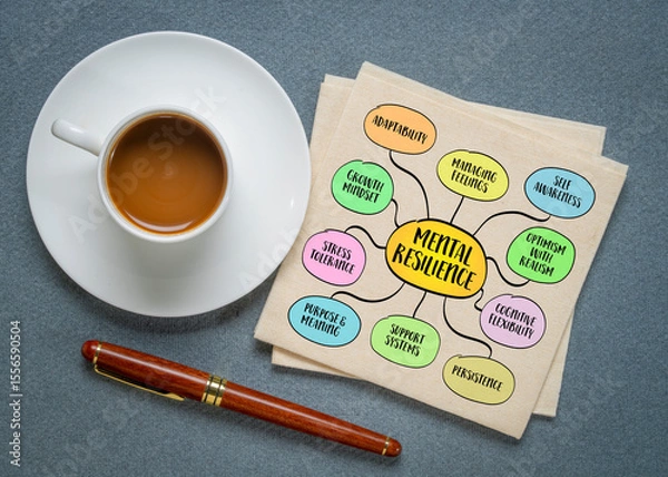 Obraz Mental resilience - capacity to adapt, recover, and grow stronger in the face of adversity, stress, or unexpected change. Infographics mind map.
