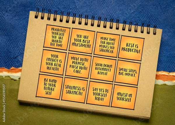 Obraz Invest time in yourself - a set of inspirational reminder notes with tips and guidelines in a spiral notebook