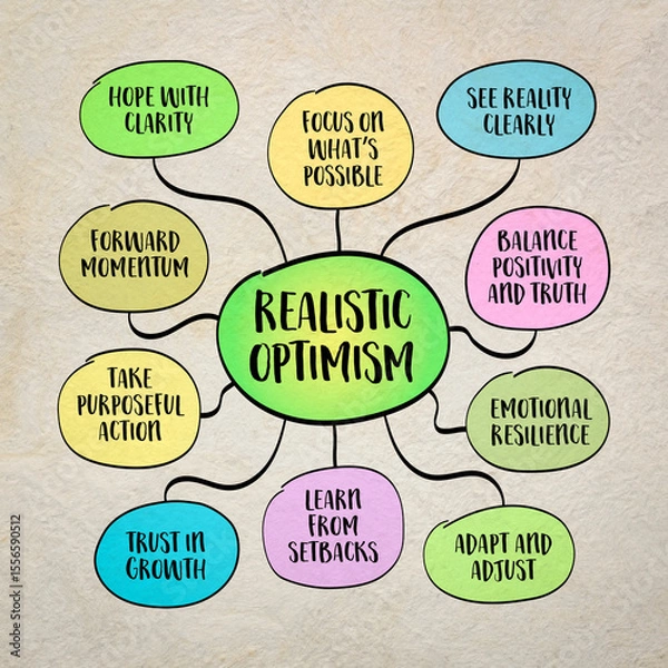 Obraz Realistic optimism - mindset that combines a hopeful outlook with an honest assessment of reality. Infographics mind map.