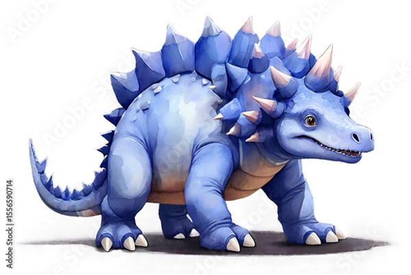 Fototapeta Cute stylized blue dinosaur character. Cartoon prehistoric animal with spikes for toy, children book, and game design. Isolated on transparent background.
