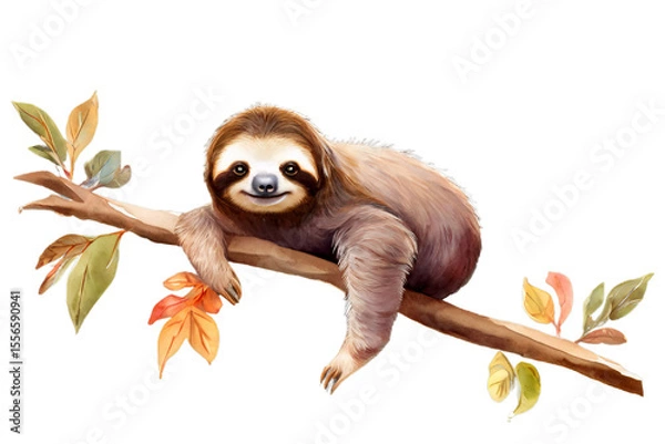 Fototapeta A cute smiling sloth animal hanging lazy on a tree branch. Watercolor illustration with an exotic animal for design elements on transparent background.