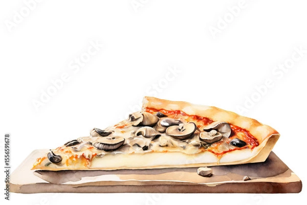 Fototapeta A watercolor drawing of a mushroom and olive pizza slice on a wooden board, isolated on transparent background. Food art.