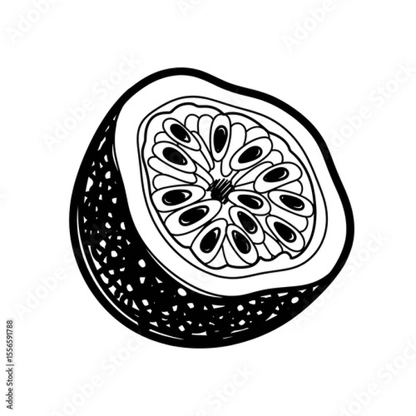 Fototapeta Black outline drawing of a half passion fruit with seeds and pulp on transparent background. Doodle style tropical food concept.