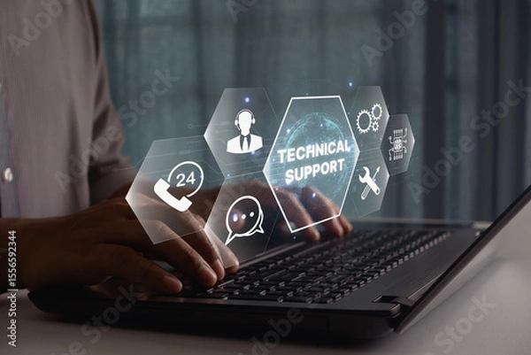 Fototapeta Technical support concept with digital icons, customer service assistance, 24/7 communication, online help desk, and business technology troubleshooting. Businessman using laptop for remote work.