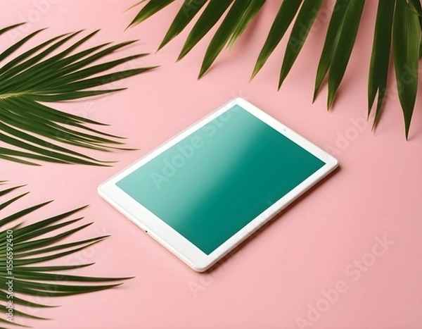 Fototapeta tablet mockup on colorful background with palm leaves