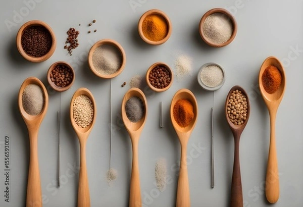 Fototapeta top view wooden spoons grains spice containers gray speckled background