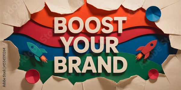 Fototapeta Torn paper layers with rockets and "BOOST YOUR BRAND" text in colorful backdrop


