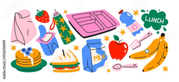 Obraz Lunch and snack stickers set. Cartoon takeout boxes, sandwiches, drinks, snacks, and school lunch essentials. Fun doodle colorful illustrations for lunchtime and take away food