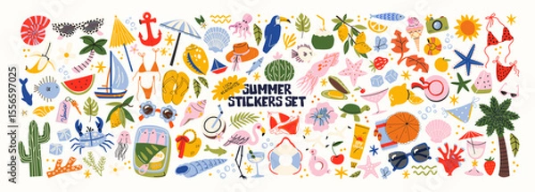 Fototapeta Cartoon summer stickers in retro 90s style. Summer party, vacation, beach season, shore, sun, swimwear. Bright groovy funky summer elements and shapes. Sticker pack of patches, labels, stamps