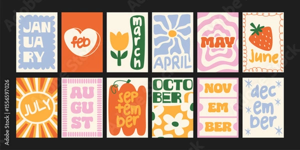 Obraz Colorful month posters in cartoon retro style. Fun illustrations with all twelve months of the year and seasonal symbols: sun, strawberry, flower. Decor for decor for calendars and diaries, wall decor