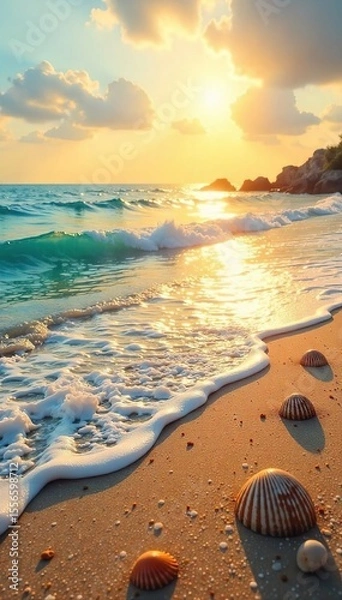 Fototapeta Golden hour sunlight bathes a tranquil seashore scene, waves gently lapping the sandy shore, seashells scattered nearby Perfect for summer vacation themes , vibrant, element, holiday