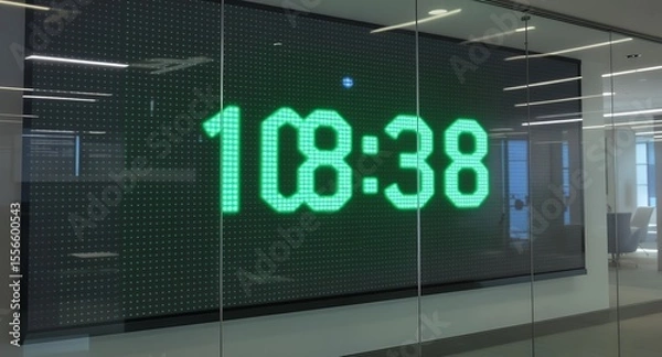 Fototapeta Digital Clock Display on Modern Wall Panel in Office Space