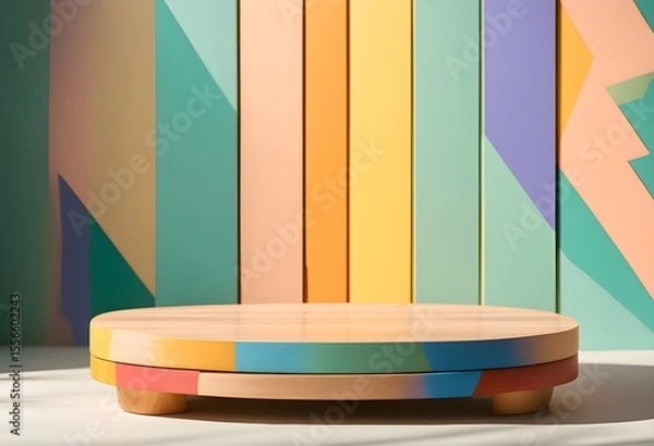 Fototapeta wooden product display platform with colorful background and sunlight shadows