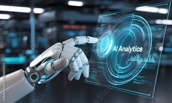 Obraz AI Analytics Robotic Hand Interacting with Futuristic Interface
