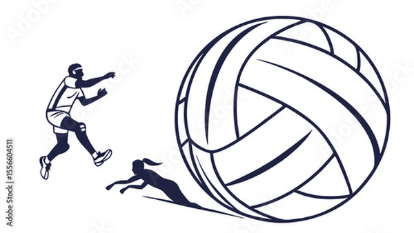 Obraz Volleyball players spiking and diving with a large volleyball illustration.