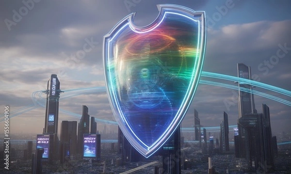 Obraz Futuristic Cityscape with Holographic Shield Cybersecurity Concept